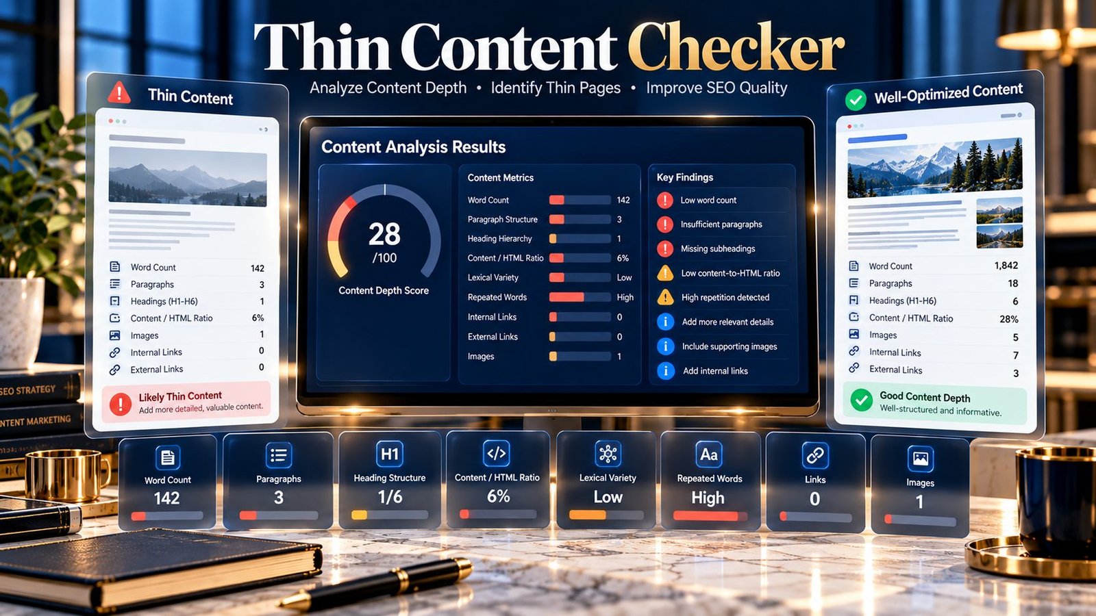 Thin Content Checker analyzing webpage content depth, word count and content structure signals