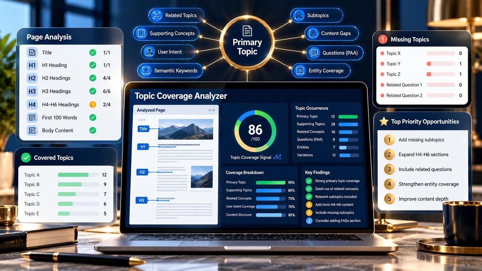 Topic Coverage Analyzer checking primary and supporting topics across webpage content