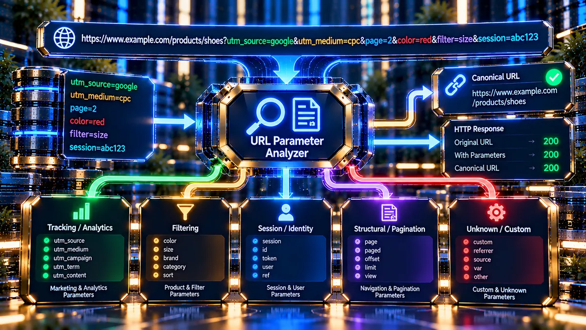URL Parameter Analyzer checking query parameters and canonical URL signals
