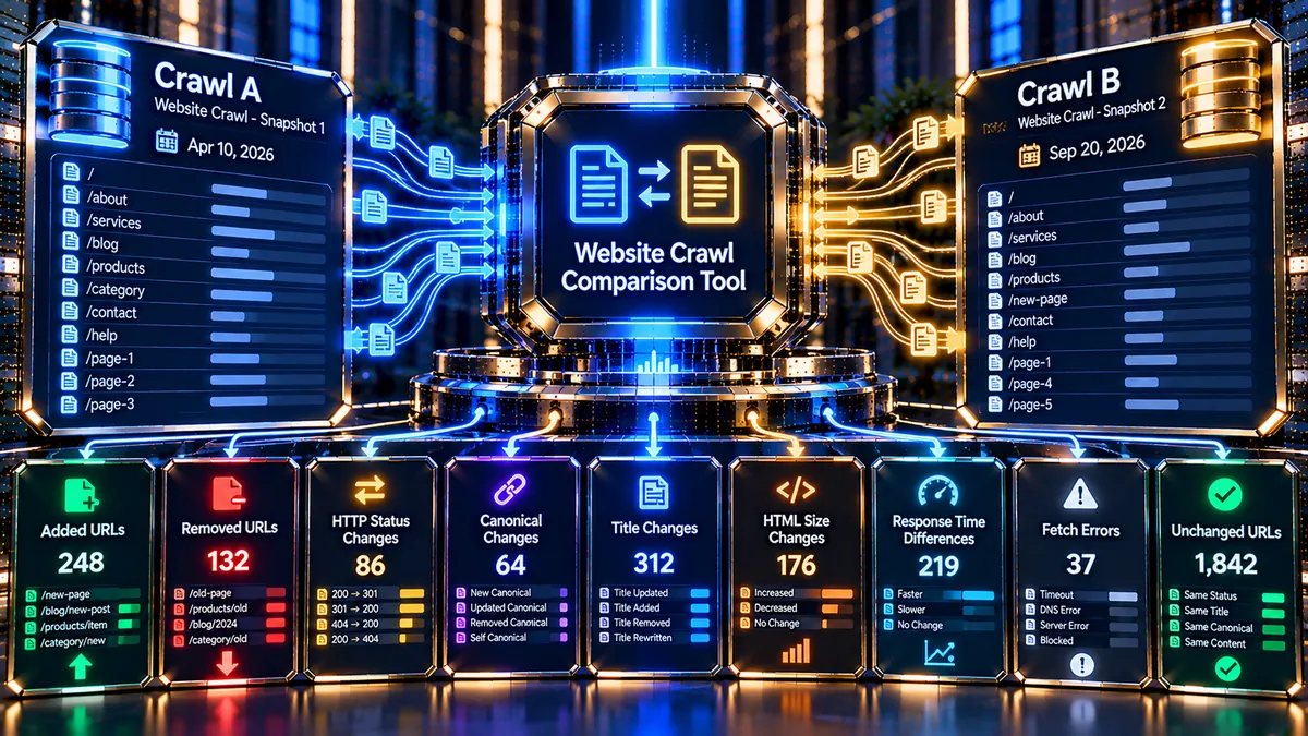 Website Crawl Comparison Tool comparing two crawl snapshots for URL and technical SEO changes