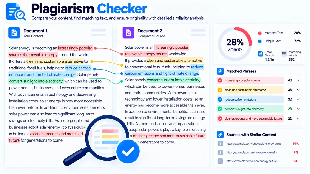 Plagiarism checker comparing content with source text and highlighting matching phrases