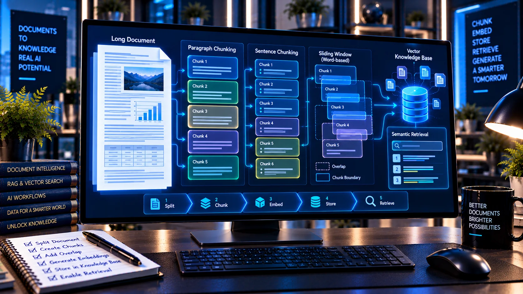 RAG Chunking Analyzer comparing document chunk sizes and overlap for AI retrieval
