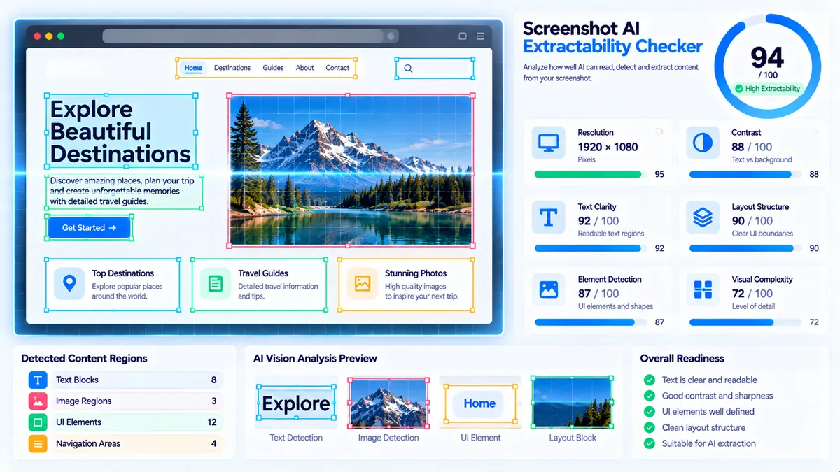 Screenshot AI Extractability Checker analyzing screenshot text, layout, contrast, and visual detail