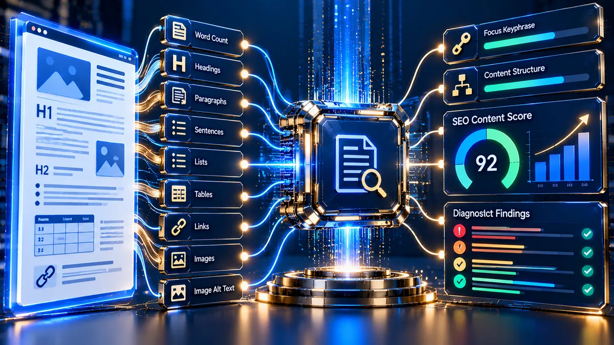 SEO Content Analyzer for analyzing webpage content structure, headings, paragraphs, links, images, and SEO signals
