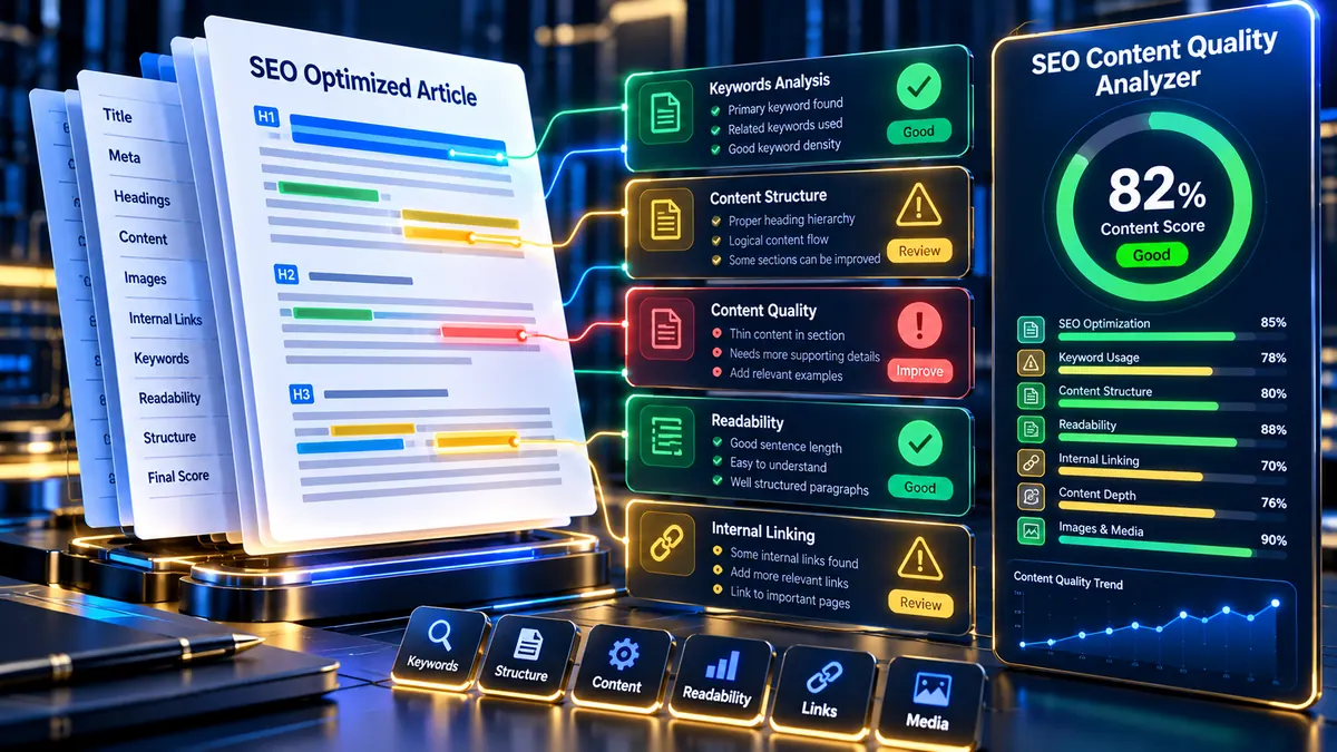 SEO Content Quality Analyzer reviewing content structure, keywords and readability