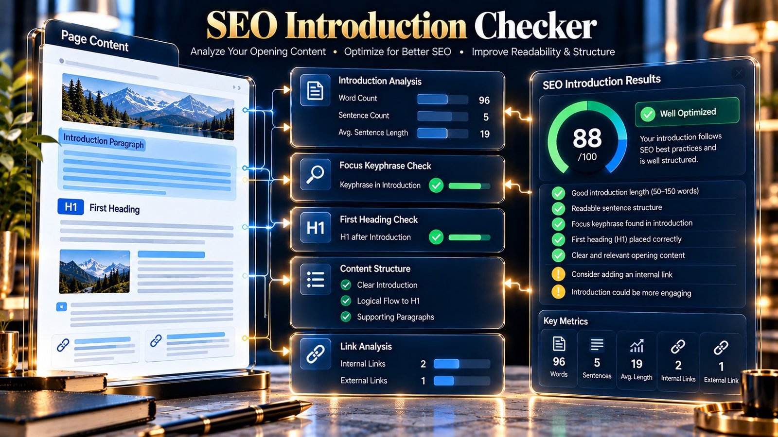 SEO Introduction Checker analyzing webpage introduction structure, sentences, headings, and keyphrase placement