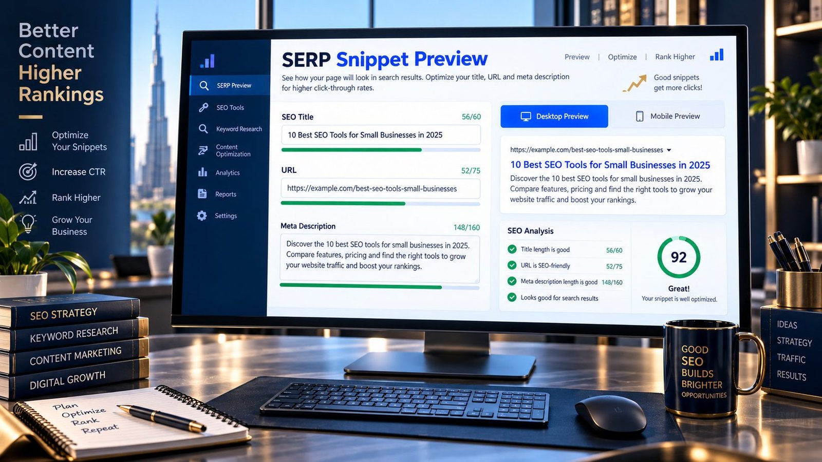 SERP Snippet Preview showing an SEO title URL and meta description in a search result