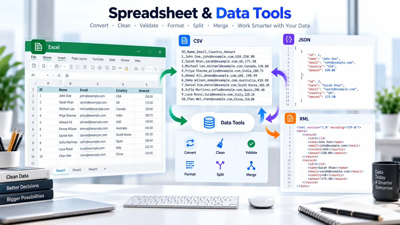 Spreadsheet and data tools for Excel CSV JSON and XML