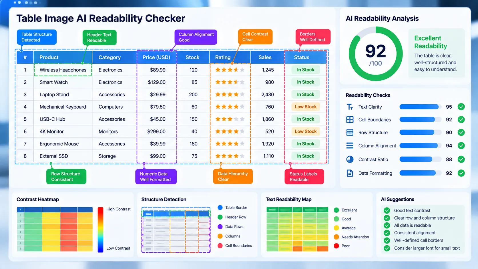 Table Image AI Readability Checker analyzing table text, rows, columns, cell separation, contrast, and layout