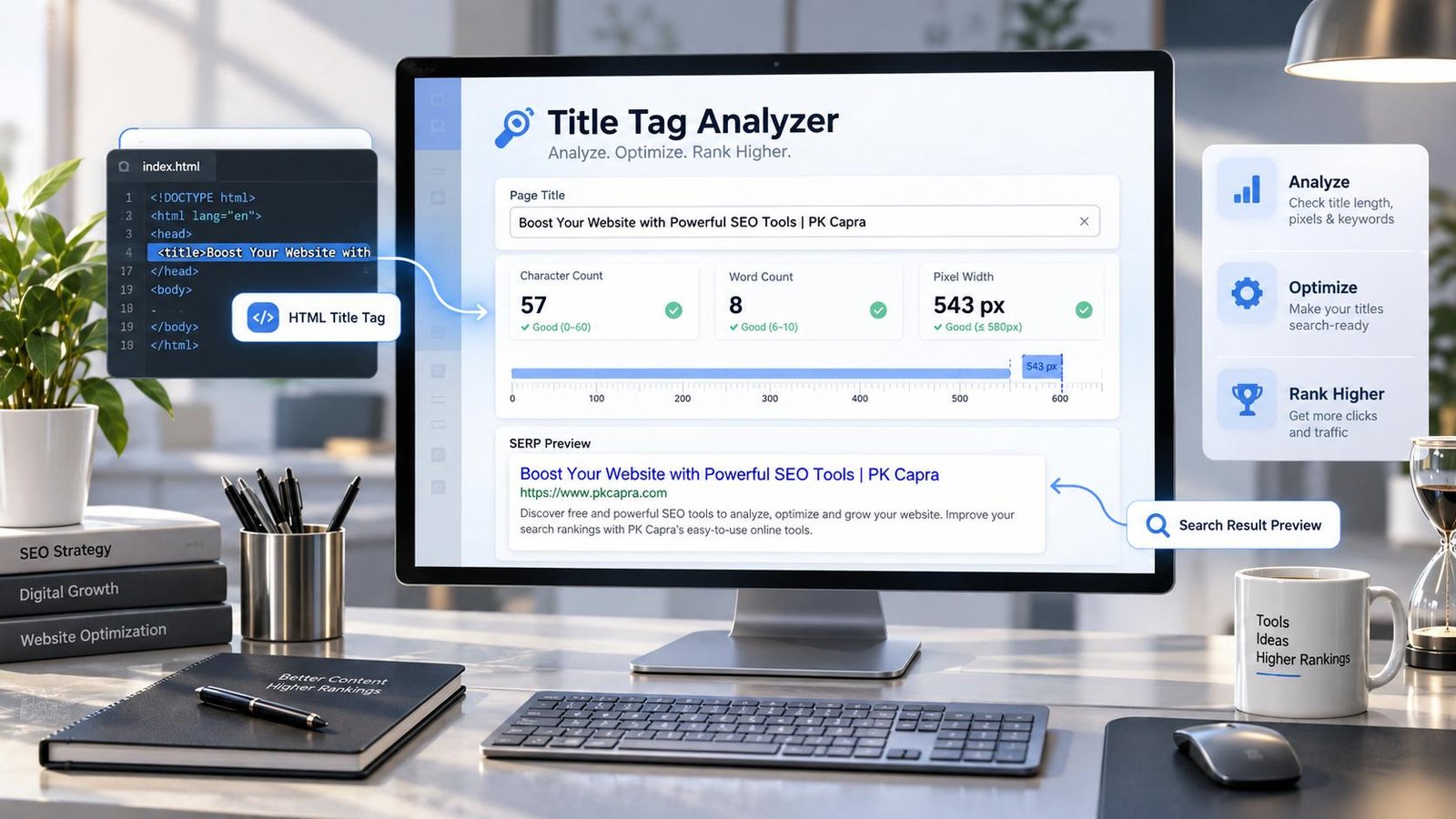 Title Tag Analyzer for checking SEO titles and search result previews