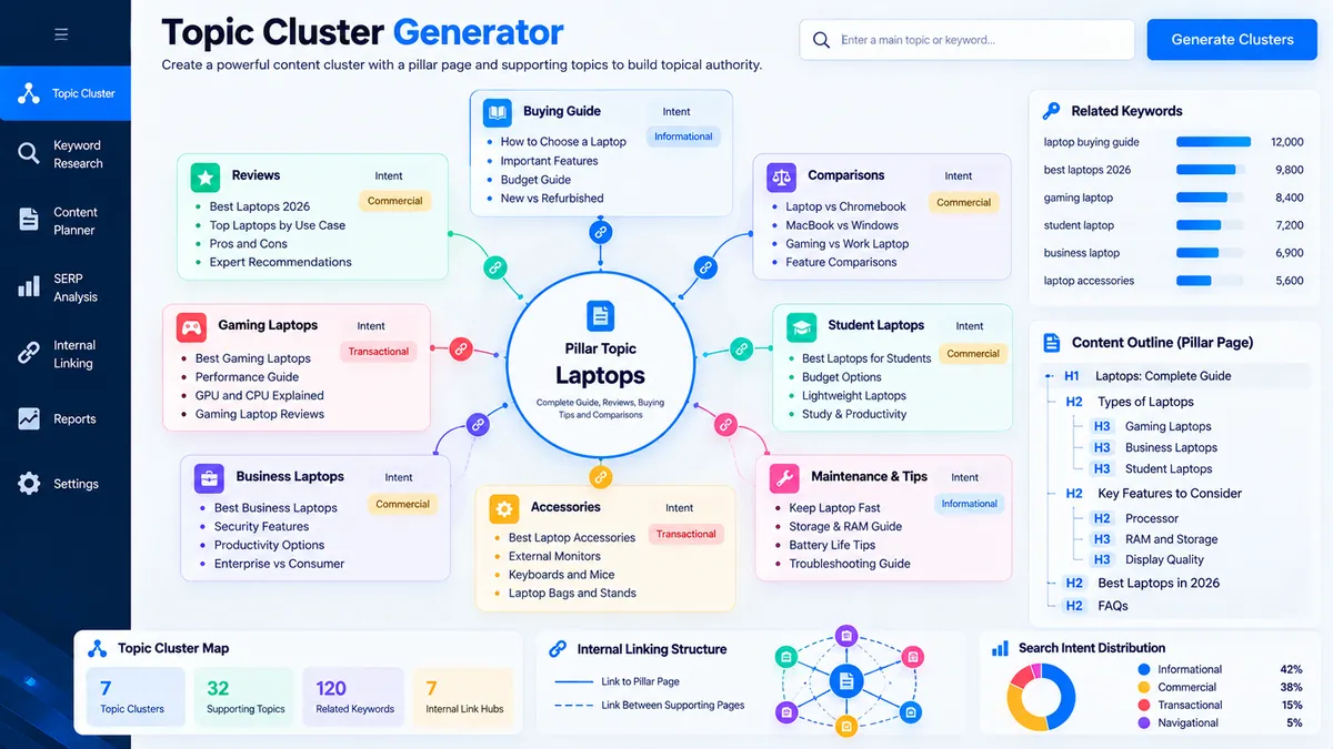 Topic Cluster Generator organizing keywords into pillar and supporting topic clusters