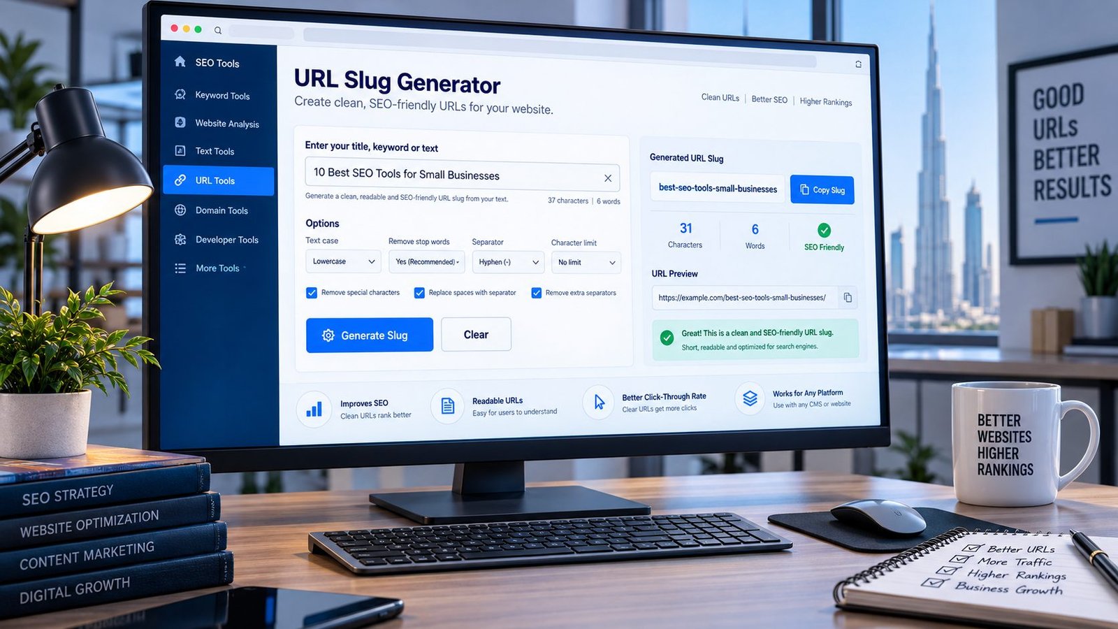 URL Slug Generator creating a clean SEO-friendly URL slug
