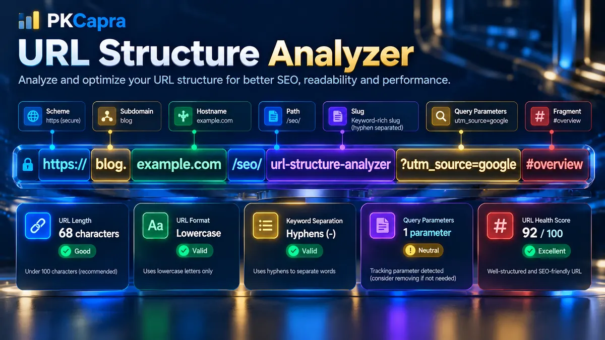 URL Structure Analyzer checking URL length, path, parameters, subdomains and SEO-friendly structure