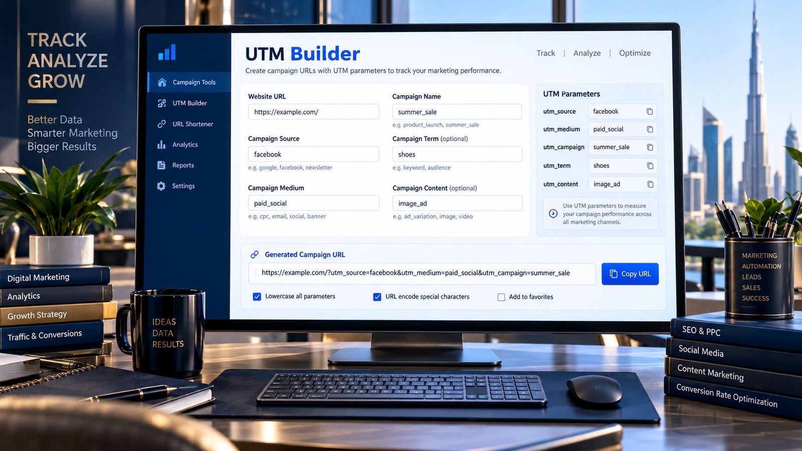 UTM Builder generating a campaign tracking URL with UTM parameters