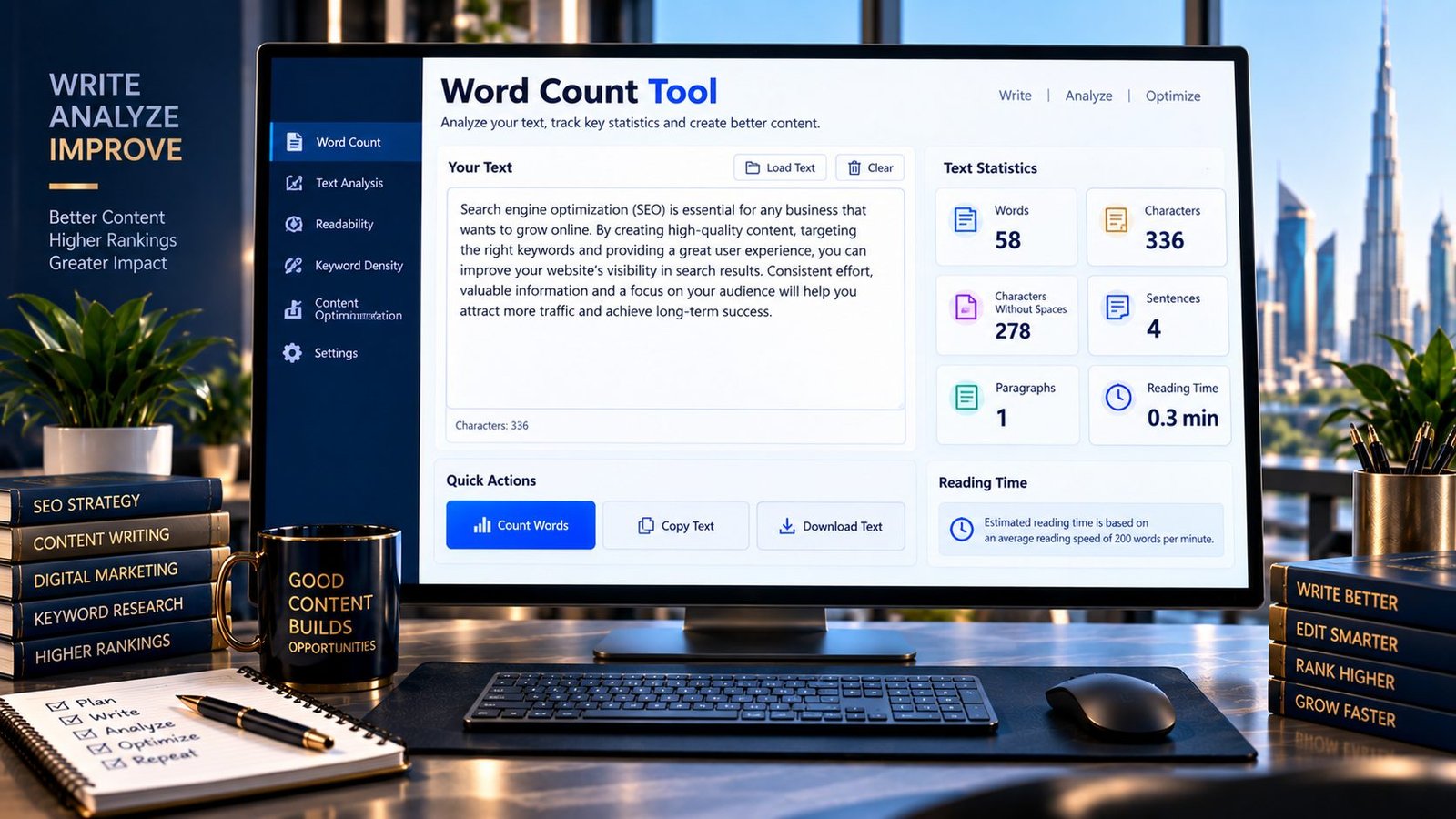 Word Count Tool showing word character sentence and paragraph counts