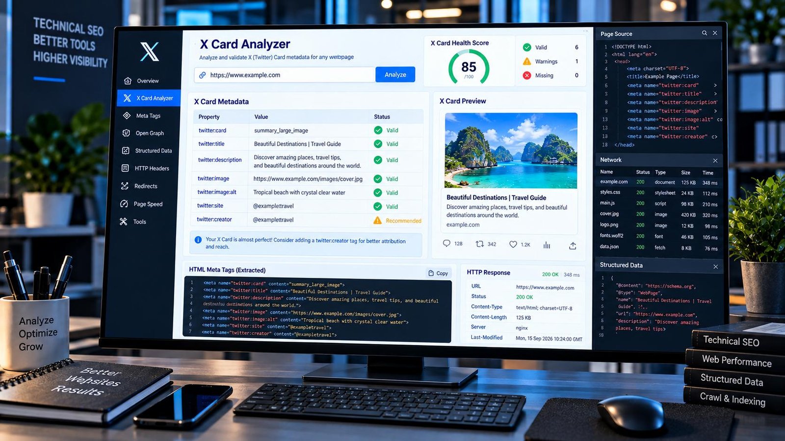 X Card Analyzer checking Twitter Card meta tags and social sharing metadata