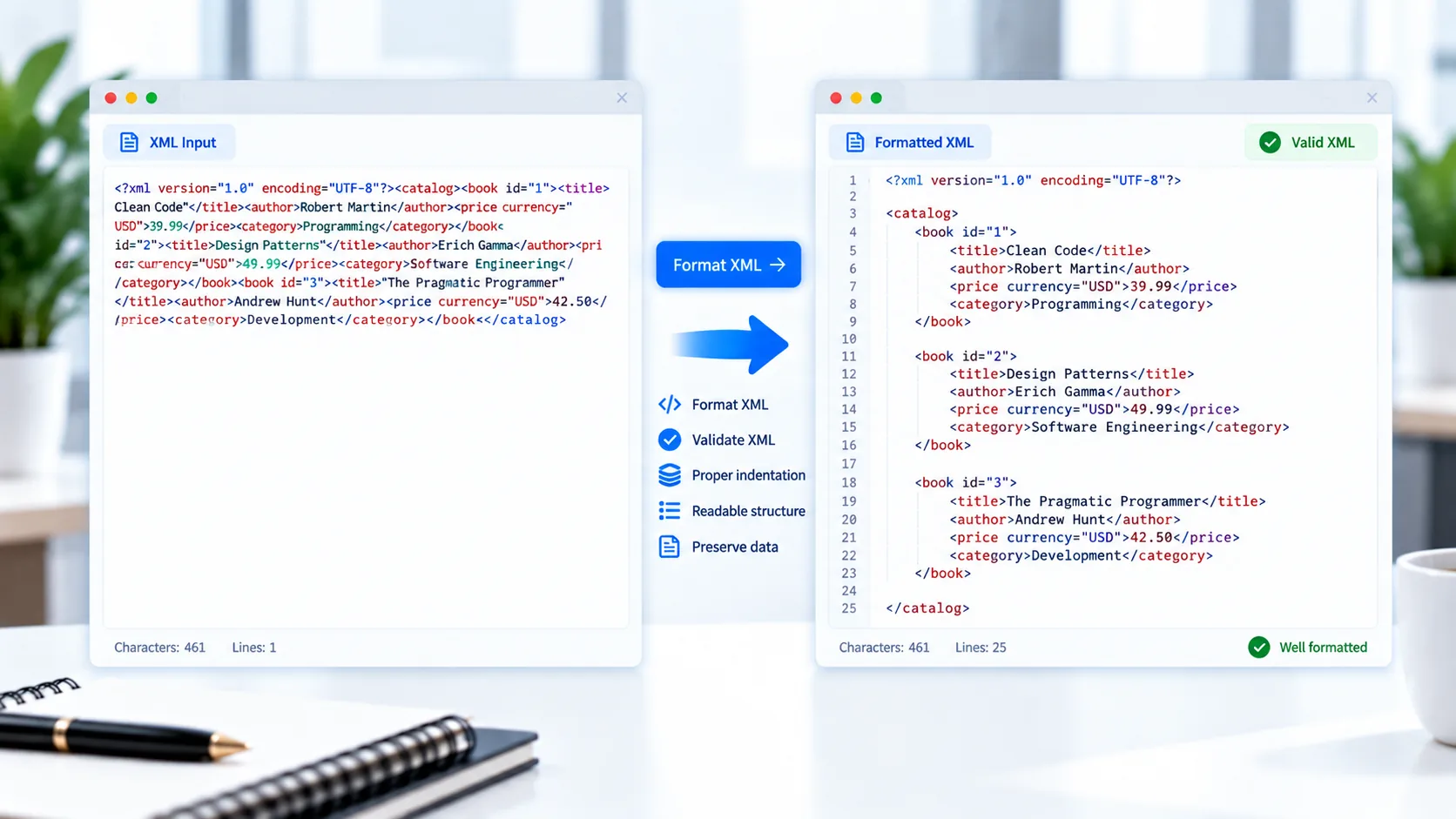 XML formatter online tool for formatting and validating XML