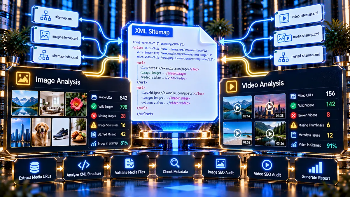 XML Sitemap Image and Video Analyzer analyzing sitemap media URLs and metadata
