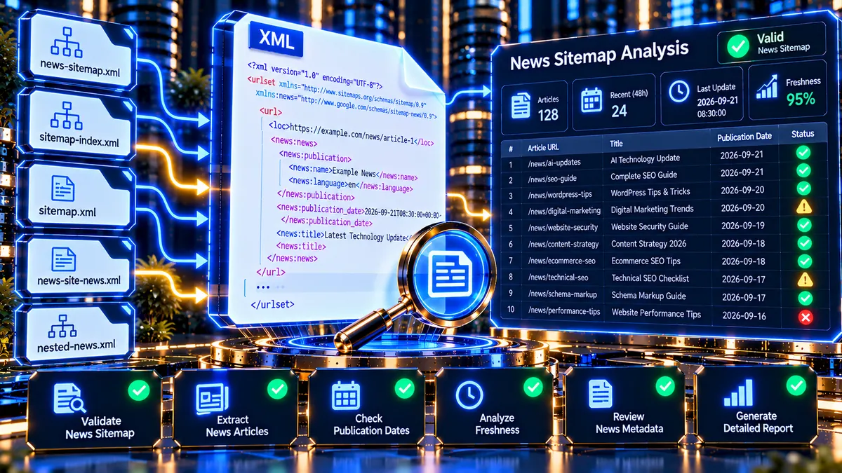 XML Sitemap News Sitemap Analyzer analyzing news articles and publication metadata