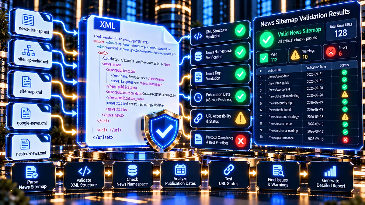 XML Sitemap News Sitemap Validator checking XML structure namespaces and news metadata
