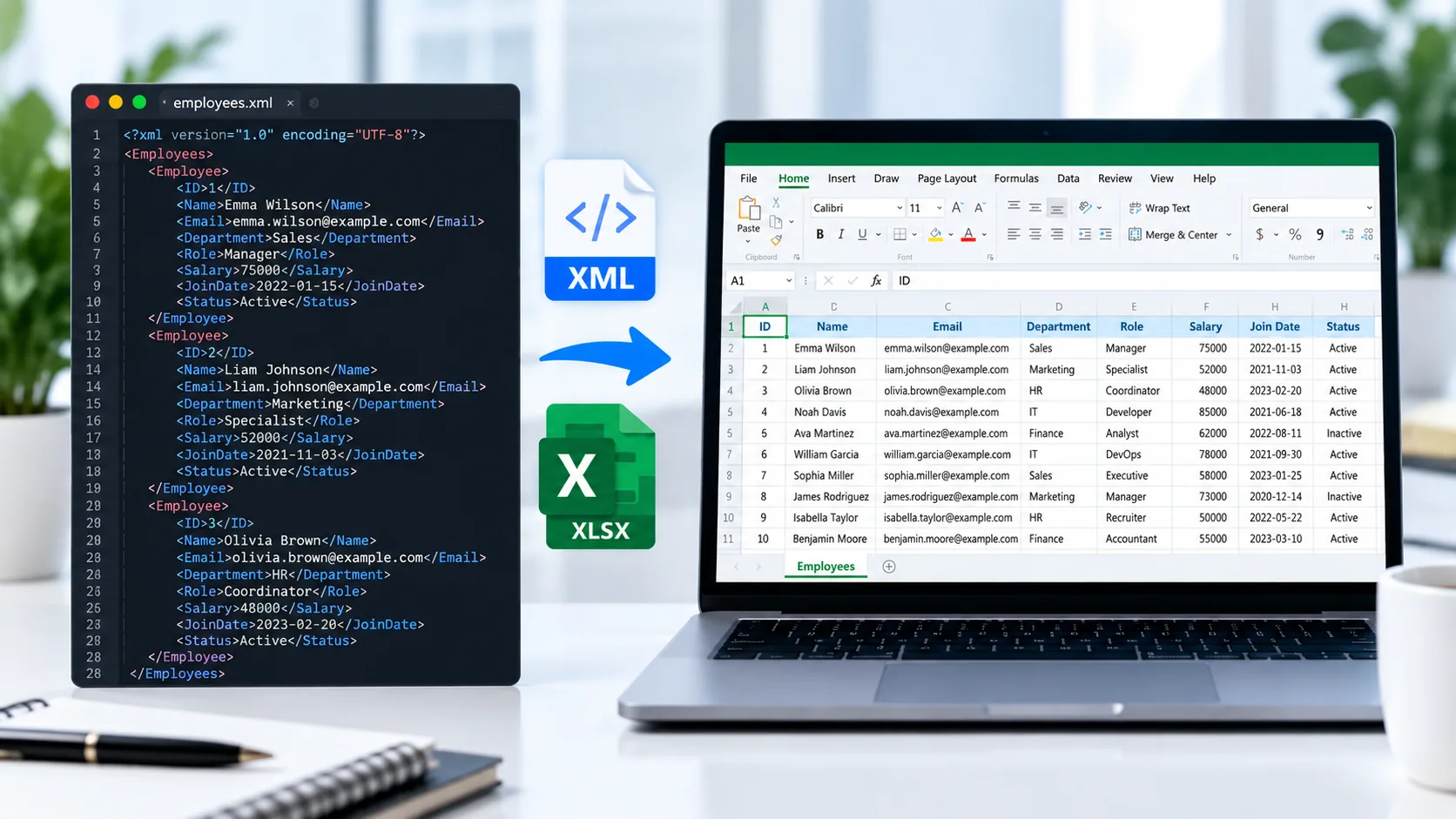 XML to Excel Converter for converting structured XML data into an XLSX spreadsheet