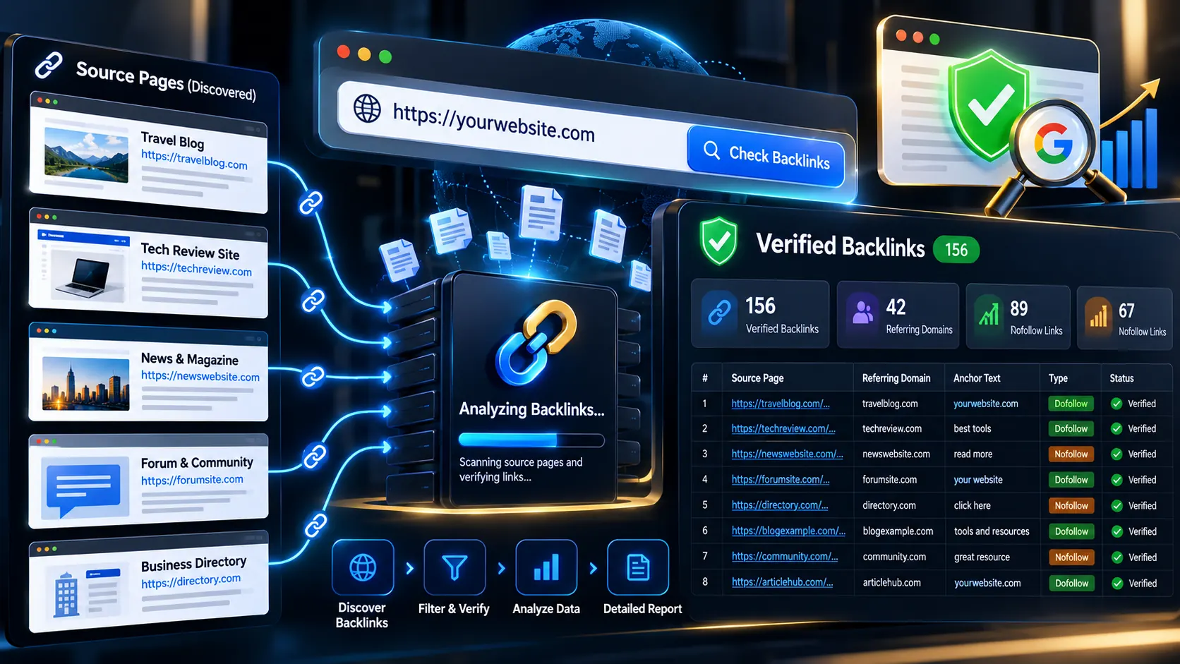 Free backlink checker showing discovered and verified website backlinks