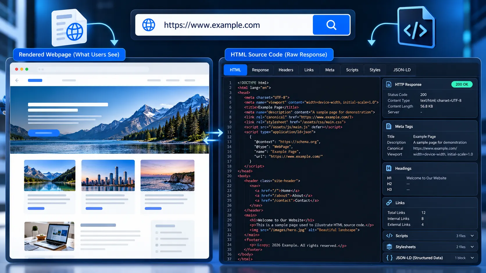 Get Source Code of Webpage tool displaying raw HTML source and webpage analysis