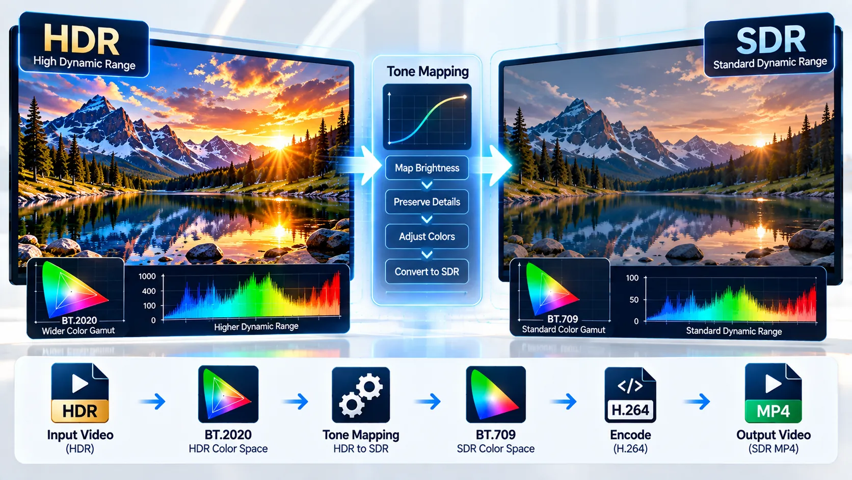 HDR to SDR video converter showing HDR footage converted to BT.709 SDR MP4