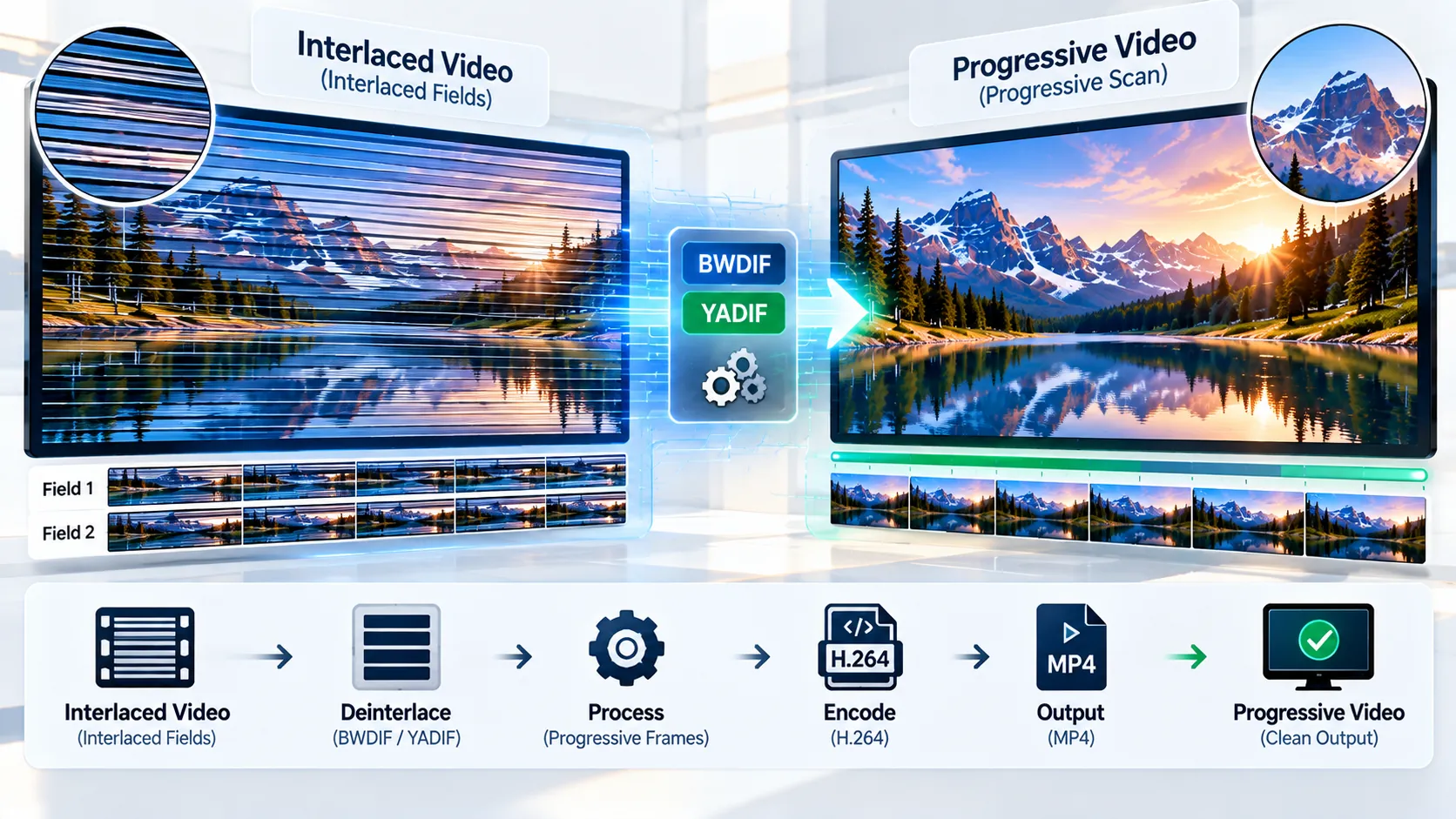 Interlaced to progressive video converter showing video fields converted to progressive MP4