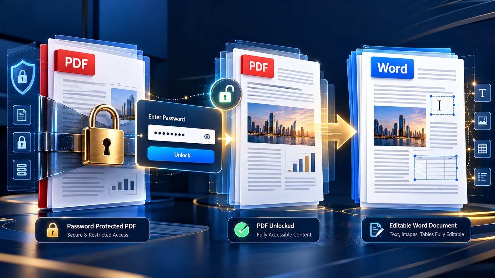 Password-protected PDF being securely converted to an editable Word document