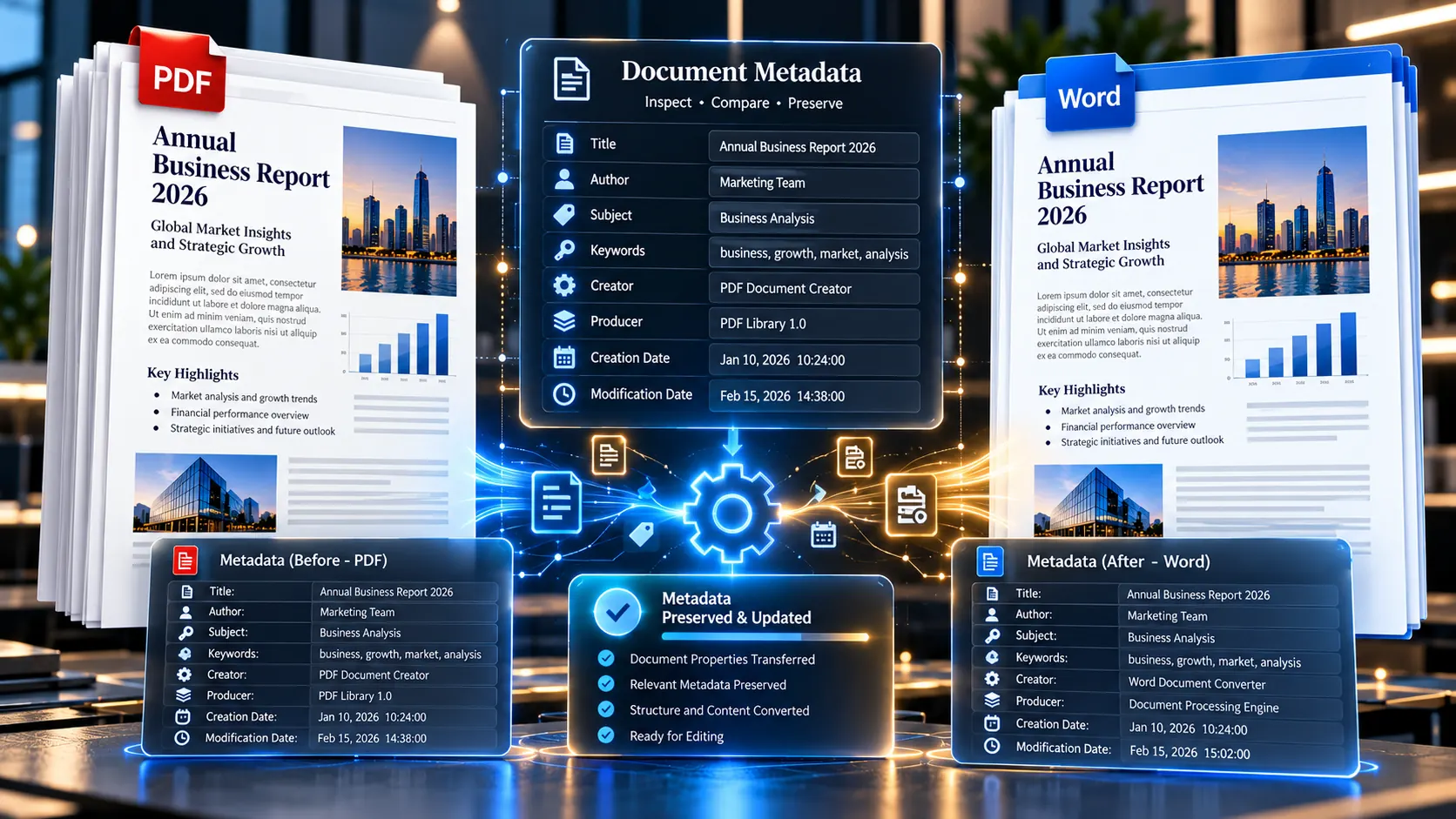 PDF to Word conversion showing document properties and metadata comparison