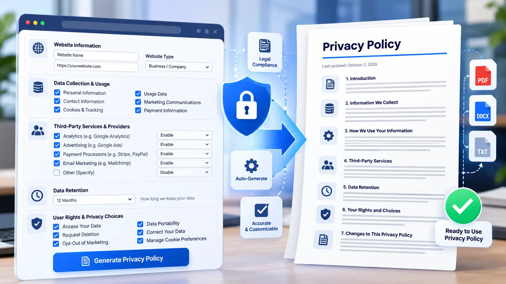 Privacy Policy Generator creating a structured privacy policy draft