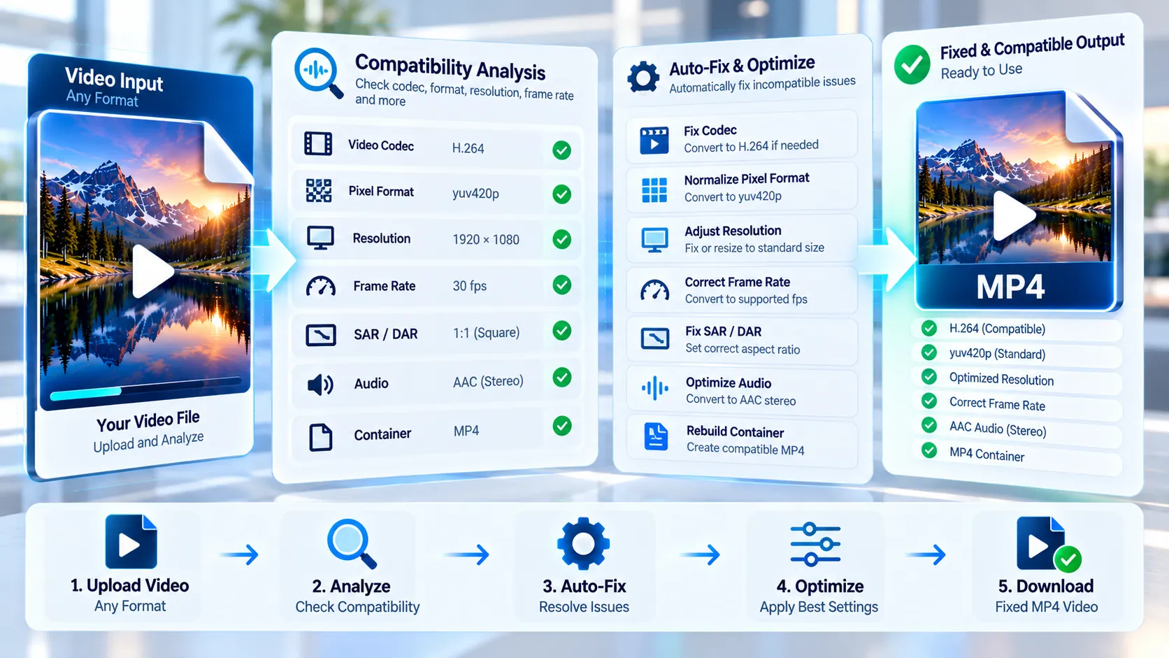 Video Compatibility Checker and Auto-Fixer analyzing video streams and exporting a validated browser-friendly MP4