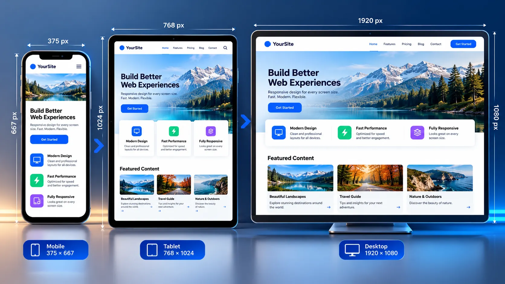 Webpage screen resolution simulator showing responsive layouts at different viewport sizes