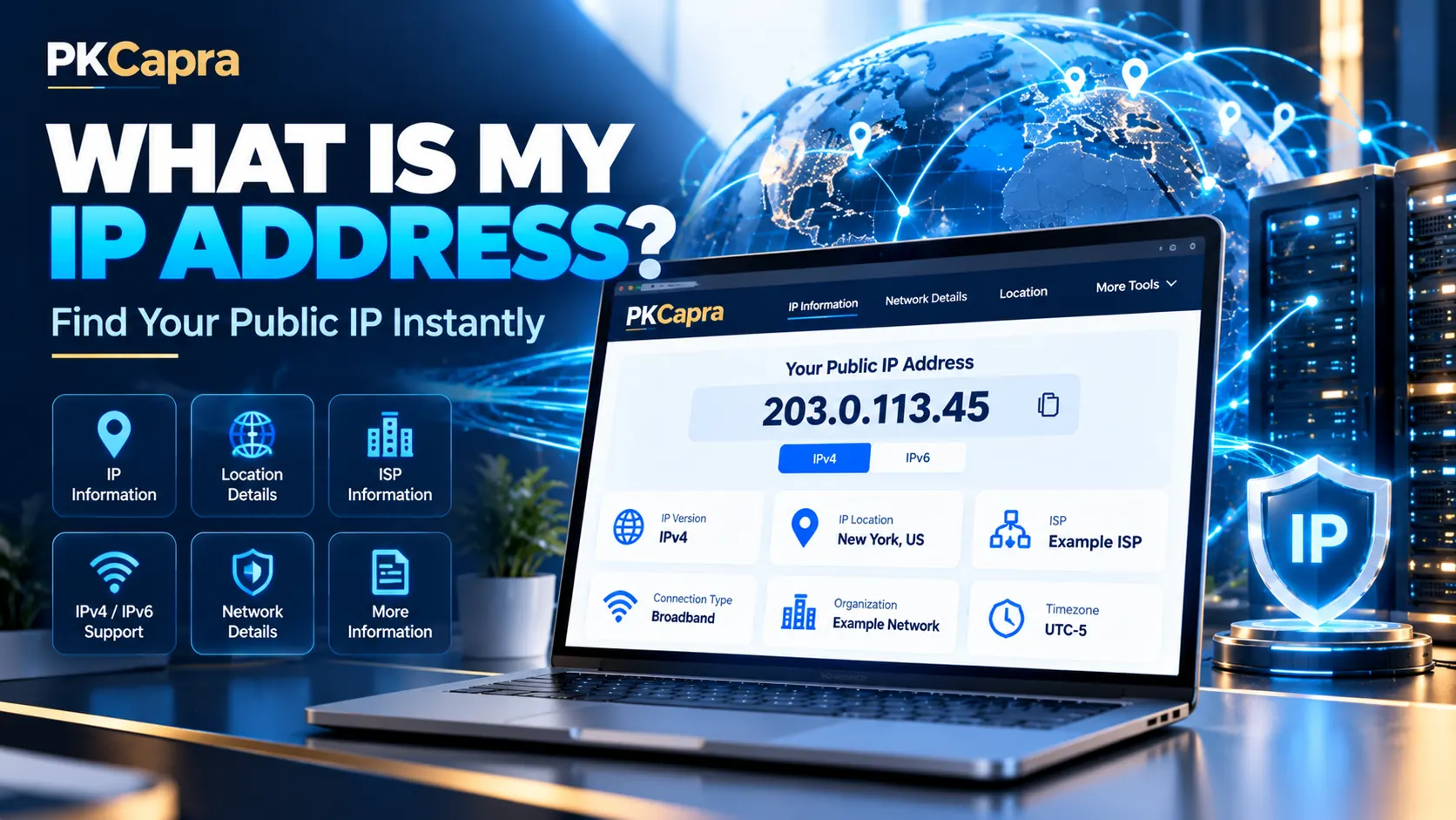 What Is My IP Address tool showing a public IP address and network information